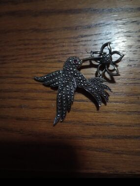 Vintage Avon Hummingbird Brooch Pin with Flower Accent - Gunmetal with Ruby Eye